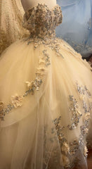 Party Dress With Glitter, Champagne Quince Dress with Flowers Sweet 16 Dresses Off the Shoulder Ball Gown