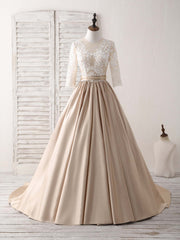 Formal Dress Shops, Champagne Round Neck Satin Lace Long Prom Dress, Evening Dress