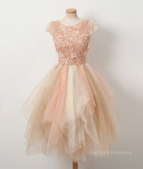 Evening Dress Wedding, Champagne round neck tulle beads short prom dress, homecoming dress