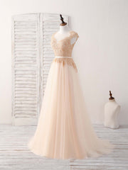 Formal Dress For Wedding Guest, Champagne Round Neck Tulle Lace Applique Long Prom Dress