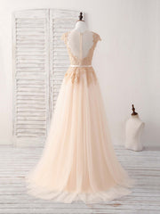 Formal Dress For Weddings Guest, Champagne Round Neck Tulle Lace Applique Long Prom Dress