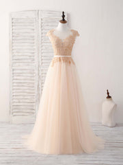 Formal Dress For Wedding Guests, Champagne Round Neck Tulle Lace Applique Long Prom Dress