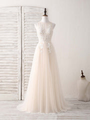 Formal Dresses With Sleeves, Champagne Round Neck Tulle Lace Applique Long Prom Dress