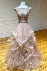 Party Dress India, Champagne round neck tulle lace long prom dress evening dress
