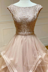 Party Dresses Clubwear, Champagne round neck tulle lace long prom dress evening dress