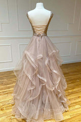Party Dress Clubwear, Champagne round neck tulle lace long prom dress evening dress