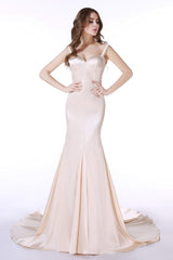 Prom Dresses Long Mermaide, Champagne Satin Mermaid Spaghetti Straps Prom Dresses With Beading