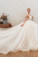 Weddings Dress Styles, Champagne Spaghetti Straps V-neck Floor Length A-line Lace Tulle Wedding Dresses