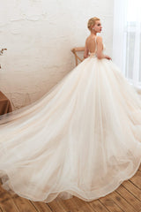 Wedding Dress Styling, Champagne Spaghetti Straps V-neck Floor Length A-line Lace Tulle Wedding Dresses
