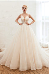 Wedding Dresses Styles, Champagne Spaghetti Straps V-neck Floor Length A-line Lace Tulle Wedding Dresses