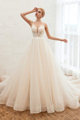Weddings Dresses Style, Champagne Spaghetti Straps V-neck Floor Length A-line Lace Tulle Wedding Dresses