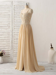 Prom Dresses Stores Near Me, Champagne Sweetheart Neck Beads Long Prom Dress Evening Dress