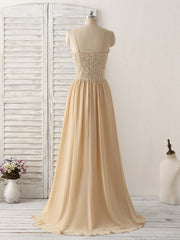 Prom Dress Stores Near Me, Champagne Sweetheart Neck Beads Long Prom Dress Evening Dress