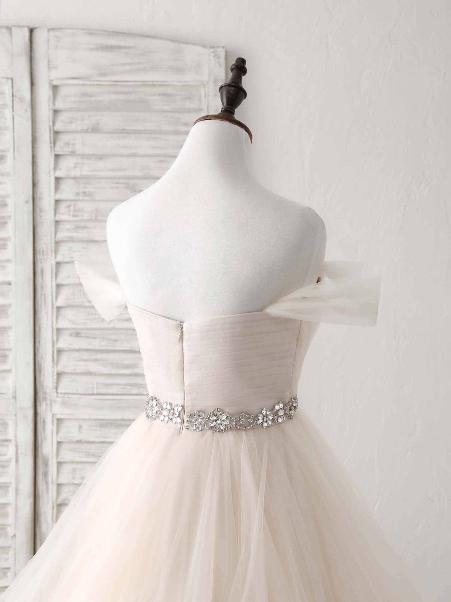 Party Dresses Short Tight, Champagne Sweetheart Off Shoulder Tulle Long Prom Dresses