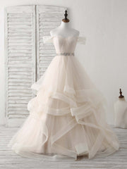 Elegant Dress Classy, Champagne Sweetheart Off Shoulder Tulle Long Prom Dresses
