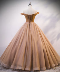 2027 Prom Dress, Champagne Sweetheart Off Shoulder Tulle Sequin Long Prom Dresses