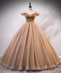 Princess Dress, Champagne Sweetheart Off Shoulder Tulle Sequin Long Prom Dresses