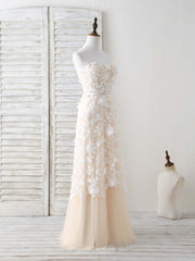 Spring Dress, Champagne Tulle Lace Applique Long Prom Dress Champagne Evening Dress