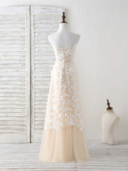 Simple Dress, Champagne Tulle Lace Applique Long Prom Dress Champagne Evening Dress