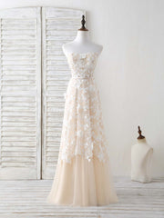 Party Dress Beige, Champagne Tulle Lace Applique Long Prom Dress Champagne Evening Dress