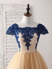 Evening Dress Sleeves, Champagne Tulle Lace Applique Short Prom Dress, Bridesmaid Dress