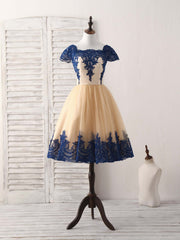 Evening Dress Vintage, Champagne Tulle Lace Applique Short Prom Dress, Bridesmaid Dress