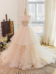 Wedding Dress Unique, Champagne Tulle Lace Long Wedding Dress, Lace Tulle Wedding Gown