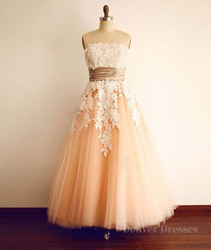 Wedding Dress Shoe, Champagne Tulle Lace Tea Pearl Prom Dresses, Lace Wedding Dresses