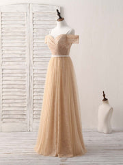 Evening Dresses Designer, Champagne Tulle Long Bridesmaid Dress, Champagne Prom Dresses