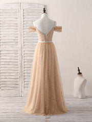 Evening Dress Designers, Champagne Tulle Long Bridesmaid Dress, Champagne Prom Dresses
