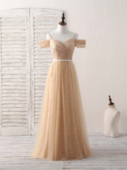 Evening Dresses And Gowns, Champagne Tulle Long Bridesmaid Dress, Champagne Prom Dresses
