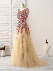 Prom Dresses Elegent, Champagne Tulle Long Prom Dress Lace Applique Evening Dress