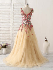 Prom Dress Shopping Near Me, Champagne Tulle Long Prom Dress Lace Applique Evening Dress