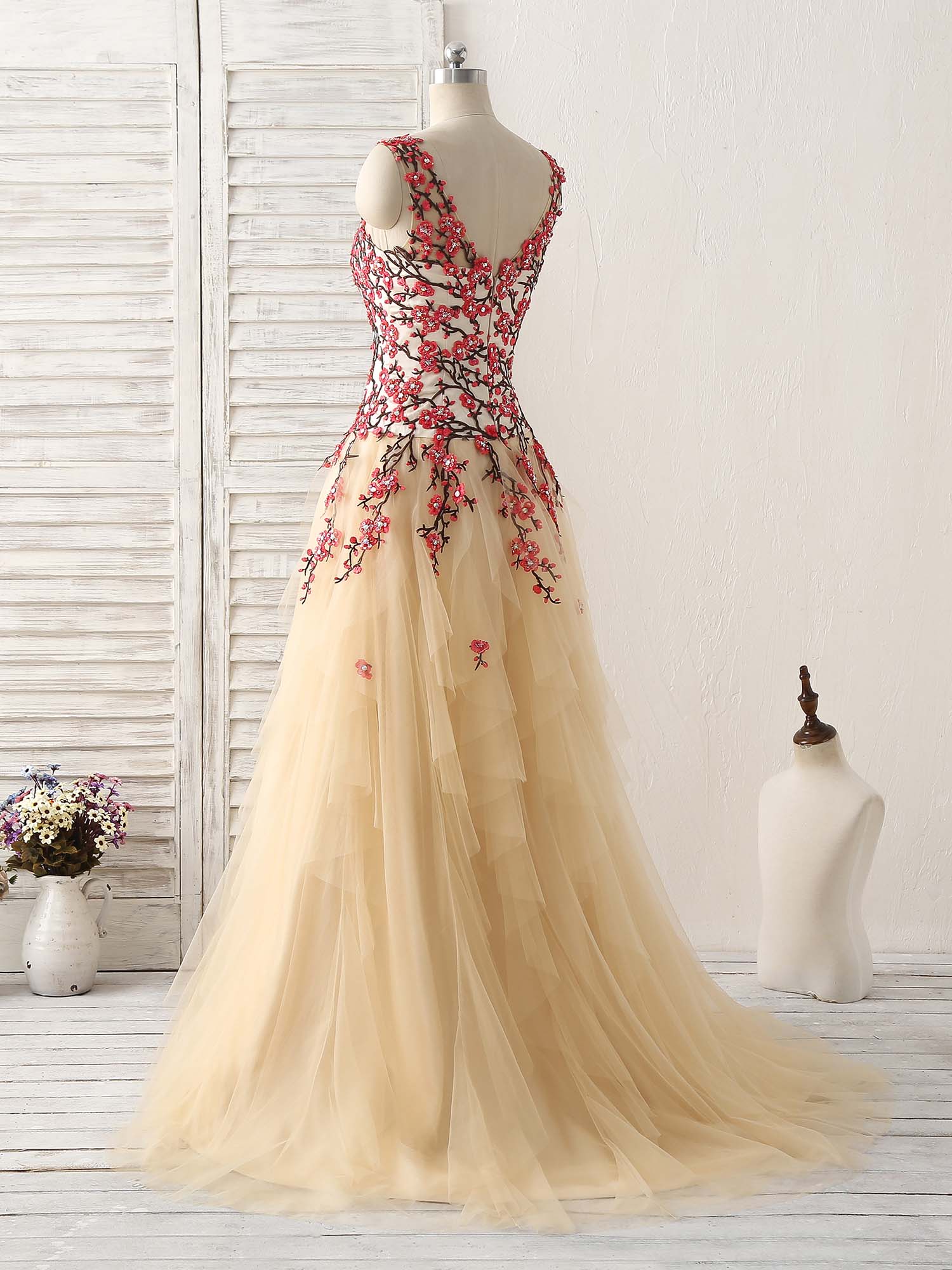 Prom Dress Shops Near Me, Champagne Tulle Long Prom Dress Lace Applique Evening Dress