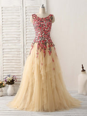 Prom Dress Elegent, Champagne Tulle Long Prom Dress Lace Applique Evening Dress