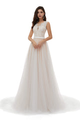 Weddings Dresses Lace Sleeves, Champagne Tulle Scoop Neck Lace Appliques Beading Wedding Dresses