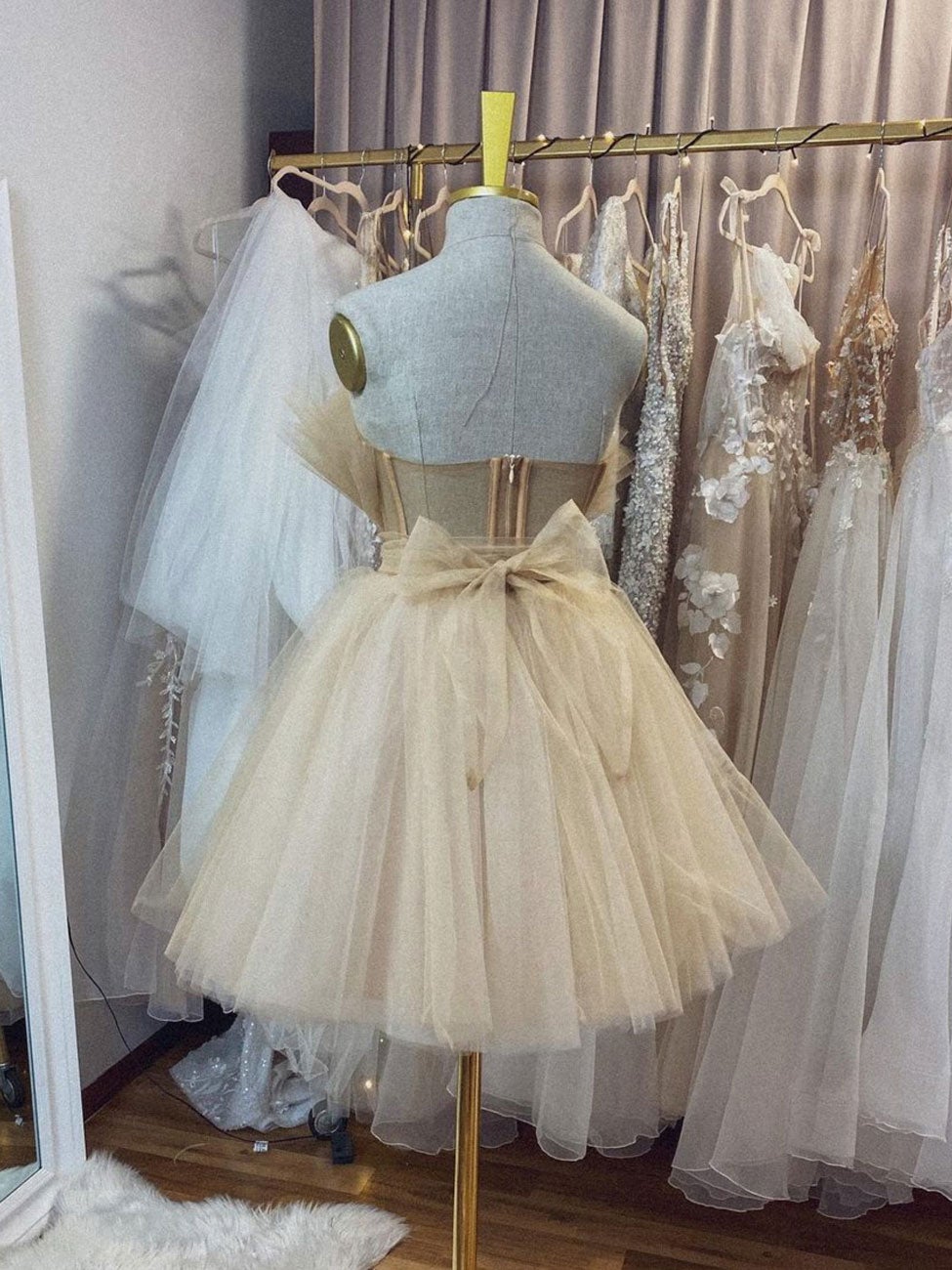 Bridesmaid Dress Uk, Champagne tulle short prom dress, champagne tulle homecoming dress