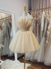 Bridesmaid Dresses Sleeveless, Champagne tulle short prom dress, champagne tulle homecoming dress