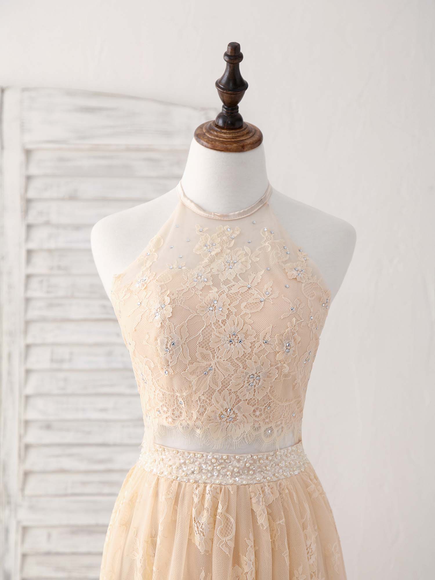 Formal Dresses Over 43, Champagne Two Pieces Lace Long Prom Dress Lace Evening Dress
