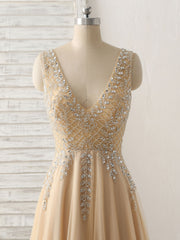 Prom Dresses Designers, Champagne V Neck Beads Long Prom Dress Tulle Evening Dress