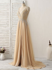 Prom Dresses Designs, Champagne V Neck Beads Long Prom Dress Tulle Evening Dress