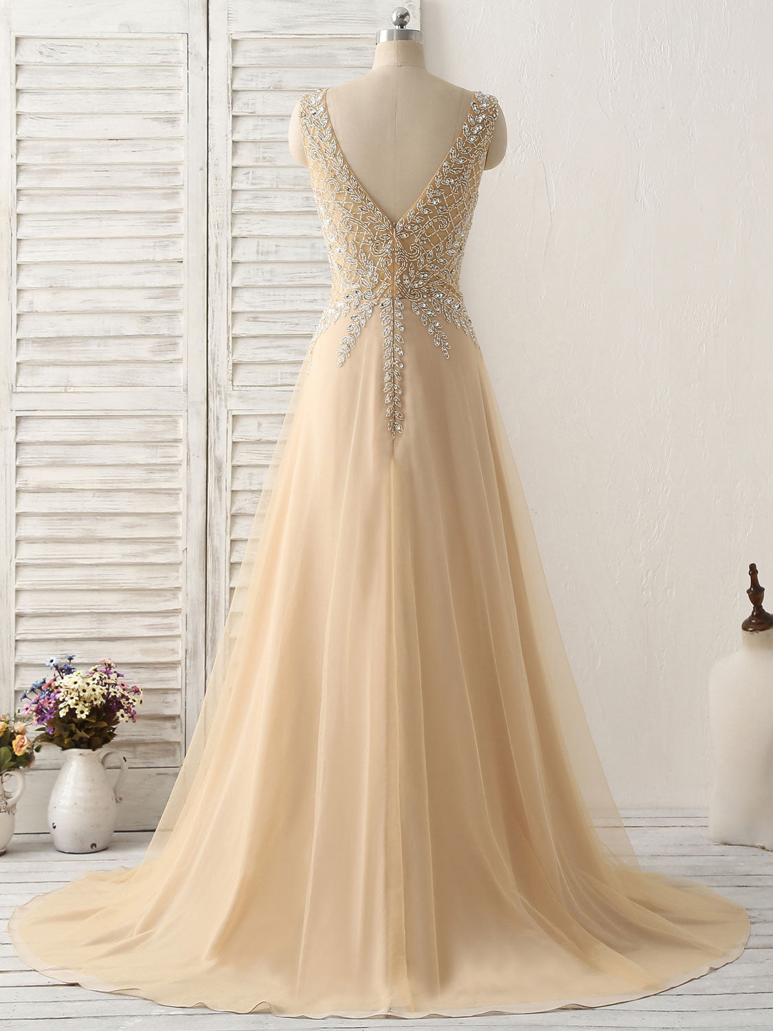 Prom Dress Designs, Champagne V Neck Beads Long Prom Dress Tulle Evening Dress