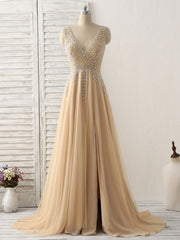 Prom Dress Designers, Champagne V Neck Beads Long Prom Dress Tulle Evening Dress