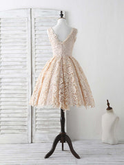Gown Dress Elegant, Champagne V Neck Lace Short Prom Dress Champagne Bridesmaid Dress