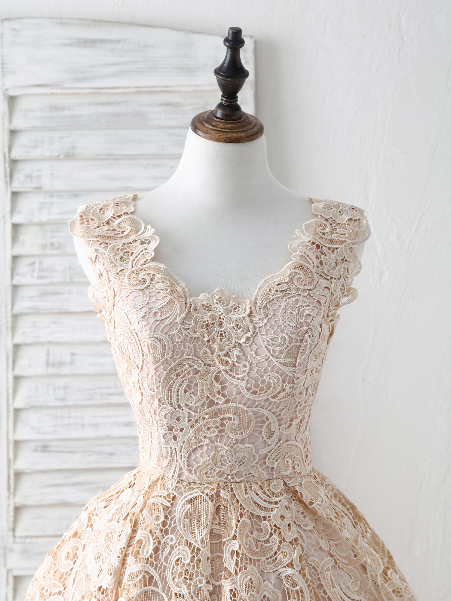 Tights Dress Outfit, Champagne V Neck Lace Short Prom Dress Champagne Bridesmaid Dress