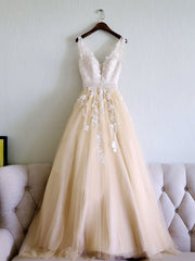 Party Dresses Vintage, Champagne V Neck Tulle Lace Applique Long Prom Dress, Evening Dress