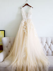 Party Dresses Casual, Champagne V Neck Tulle Lace Applique Long Prom Dress, Evening Dress