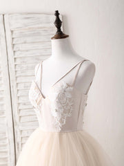 Formal Dresses On Sale, Champagne V Neck Tulle Lace Applique Long Prom Dress Sweet 16 Dress