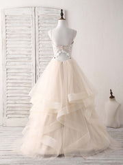 Formal Dress On Sale, Champagne V Neck Tulle Lace Applique Long Prom Dress Sweet 16 Dress