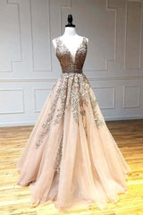 Bridesmaids Dresses White, Champagne v neck tulle lace beads long prom dress tulle formal dress